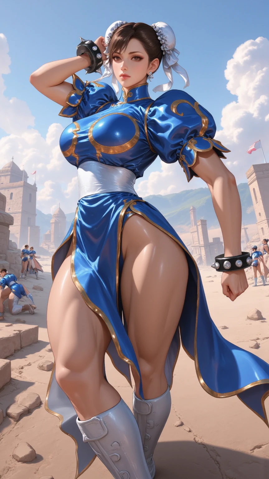masterpiece, 1girl, a close up of a cartoon of Katheryn Winnick with a huge ass, athletic girl, Chun Li on the field throwing shotput, cutesexyrobutts, very beautiful, oc commission, thick body, thicc, feminine and muscular, small hoop earrings, smirking
