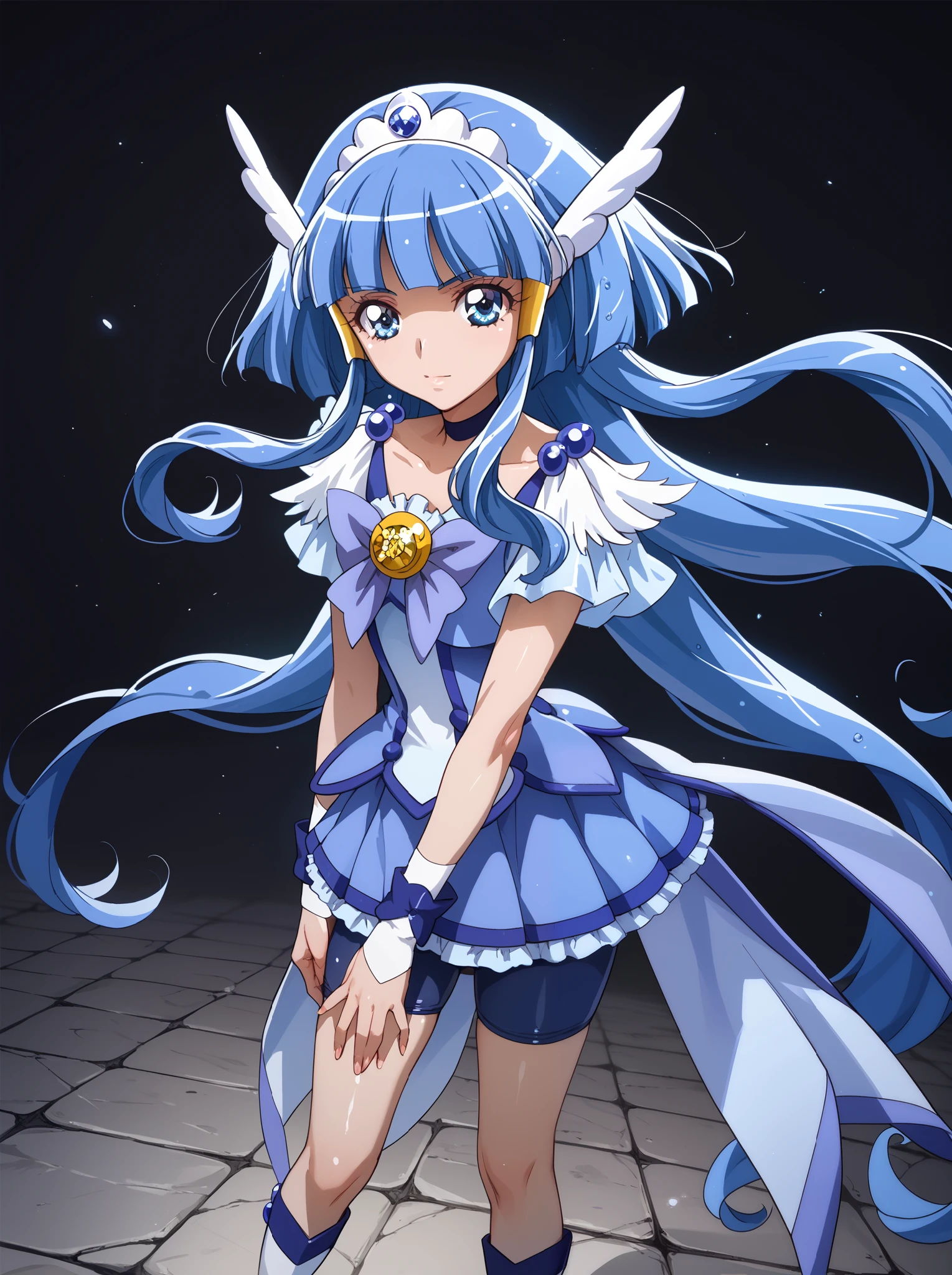 1girl, solo, ((curebeauty)), shiny skin,standing,anime coloring,stone floor,black background,dark blue bike shorts,sulking