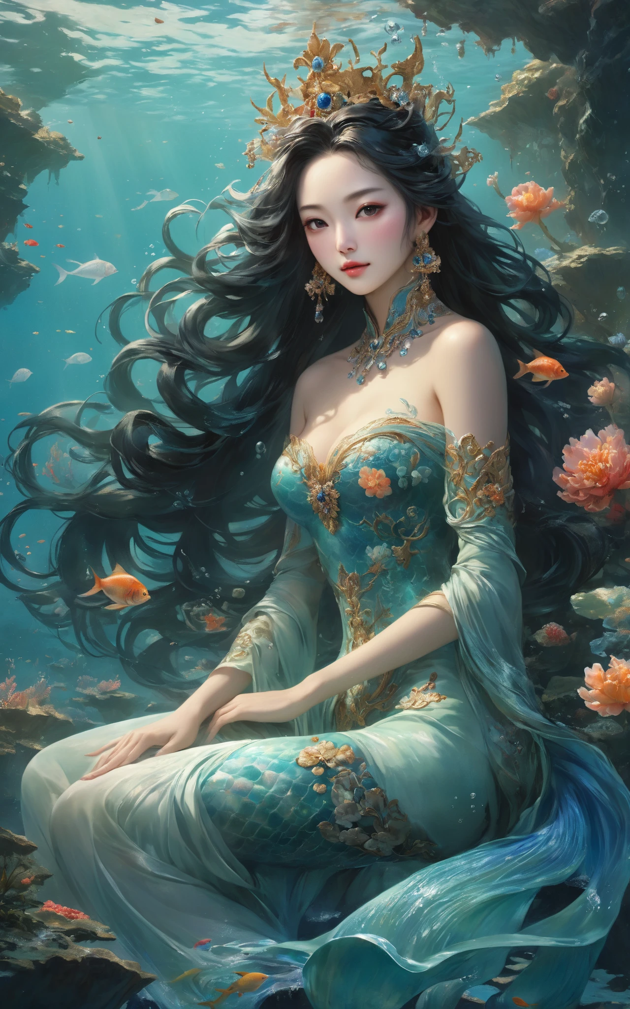 best quality,masterpiece,Ultra-high resolution,(photoactual:1.4),beautiful_Face,Twenty-five-year-old oriental nine-tailed demon fox woman,bright eyes,cleavage,Long silver hair above the waist,Wear a bikini,Hawaii,Deep sea coral,Dolphins playing in water