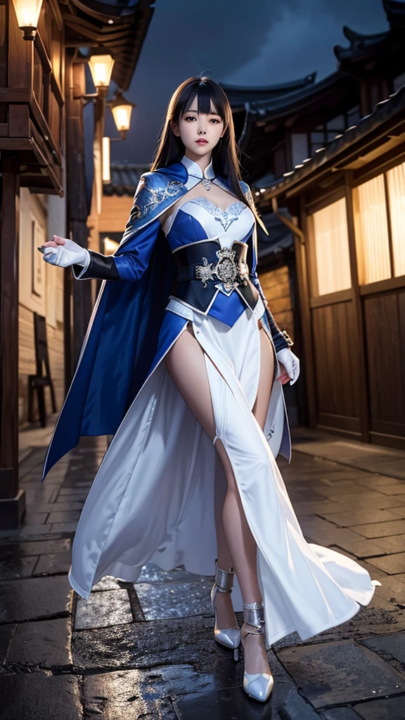 South korea walk women mystery hooded on with modern royal Blue coat with long and wide sleeves with buttons and royal Blue cape and very high white heel over the knee and white gloves, As she reveals a small secret hidden blade coming from his palm , adding to the character's mysterious and agile appearance, with small movements of air on the cape, in summer at night under the rain,medieval south korea house. sophisticated and highly detailed, ultra hd, realistic, hyper detailed, enhanced colours, ultra sharp focus, with vibrant, rich in details High quality, gorgeous, captivating, 8k, super detailed, stunning shadows, detailed lines, blood stain on coat and gloves, corpses in the street recently murdere