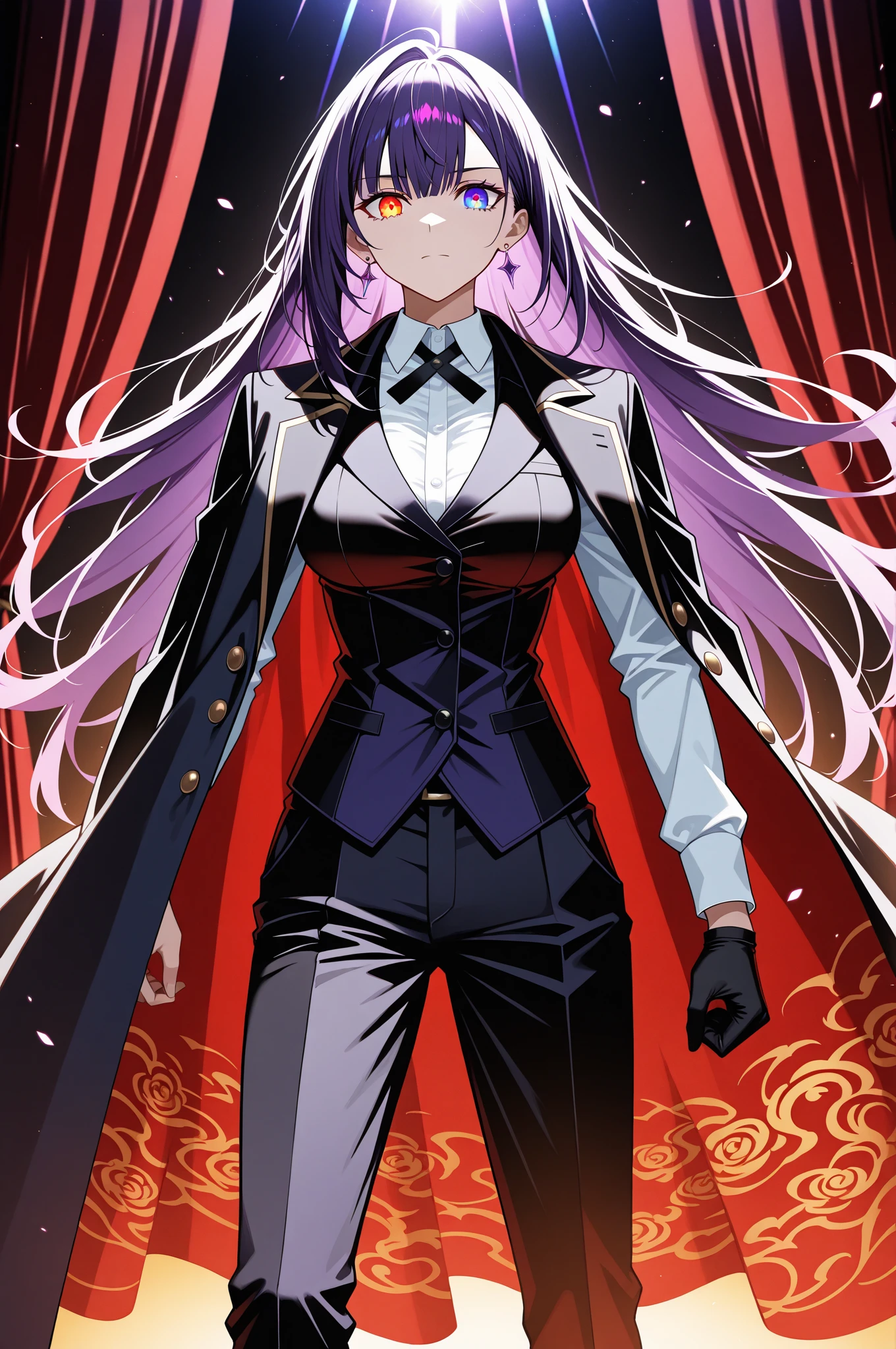 best quality, masterpiece, highres, solo, {black business suit:1.40}, {tie:1.20}, {sunglasses:1.25}, {white gloves:1.15}, {white shirt:1.10}, {black skirt:1.15}, {smoking:1.20}, handsome, {rosaria_genshin:1.15}, purple_hair, red_hair, short_hair, nun, breasts, large_breasts, bangs, veil, purple_eyes, habit, multicolored_hair, streaked_hair, hair_between_eyes, fishnets, hair_over_one_eye