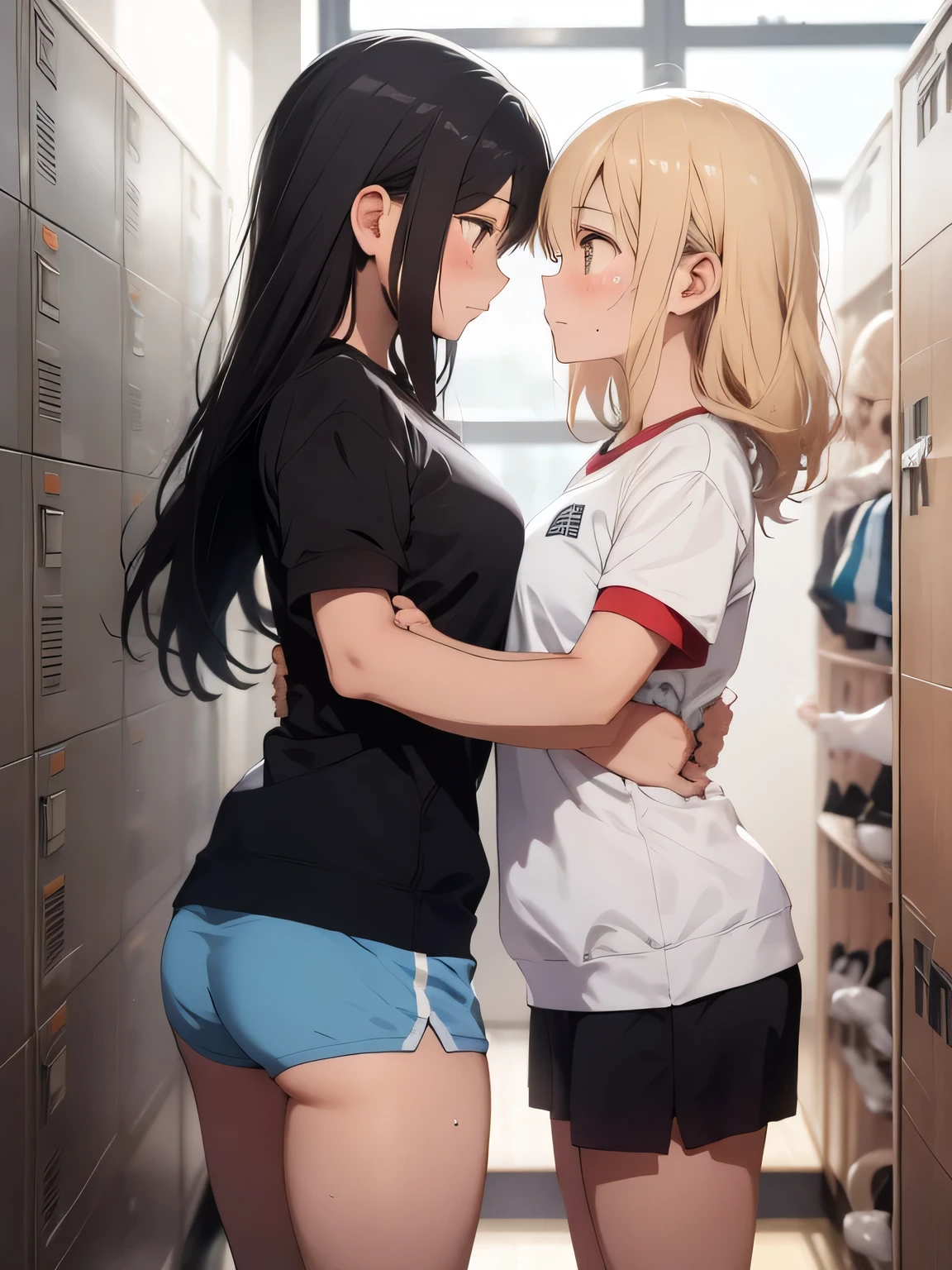 Two  girls，Angry look，equivalent height，in class room，black and blonde hair，Facing each other and staring，embracing each other，The two bodies are close to each other，kiss、Kissing、lesbian、lesbianビアン、Picture of two people、Holding hands and facing each other、Photograph of two people facing each other、Push each other、Stick your boobs and boobs together