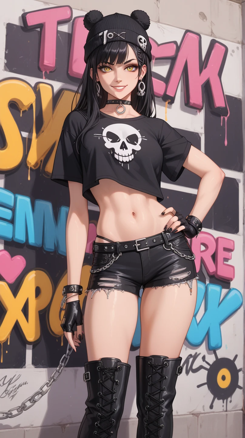 1girl, woman, emo_hairstyle, black lipstick, smug, grin, choker, cuffs, eyeliner, eye shadow, mascara, smoky eyes, realistic lighting, tank top, short shorts, flat chest, satanic tattoo.