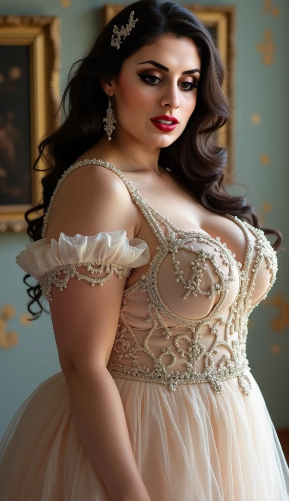 (masterpiece), best quality, expressive eyes, perfect face, auburn hair, feminine, cleavage, curvy, bride, elaborate frillier bridal dress, sexy look, full body photo