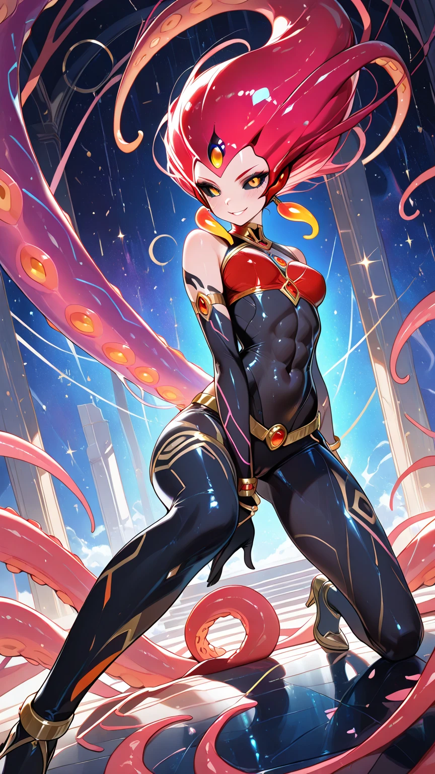 As Syren, she had brilliant crimson skin, black freckles on her shoulders and elbows, and a lighter crimson face with smaller dark freckles. She had short vivid amaranth hair, grayish magenta dorsal fin on her back, and two silver circular horns sticking out of the top of her head. Her eyes were brilliant amaranth with light arctic blue sclerae. Her black strapless skin-tight suit had a fish-scaly look and a light pink lining. Her feet connected together to make a two-pointed pink fin. SPARKLE; GLITTER