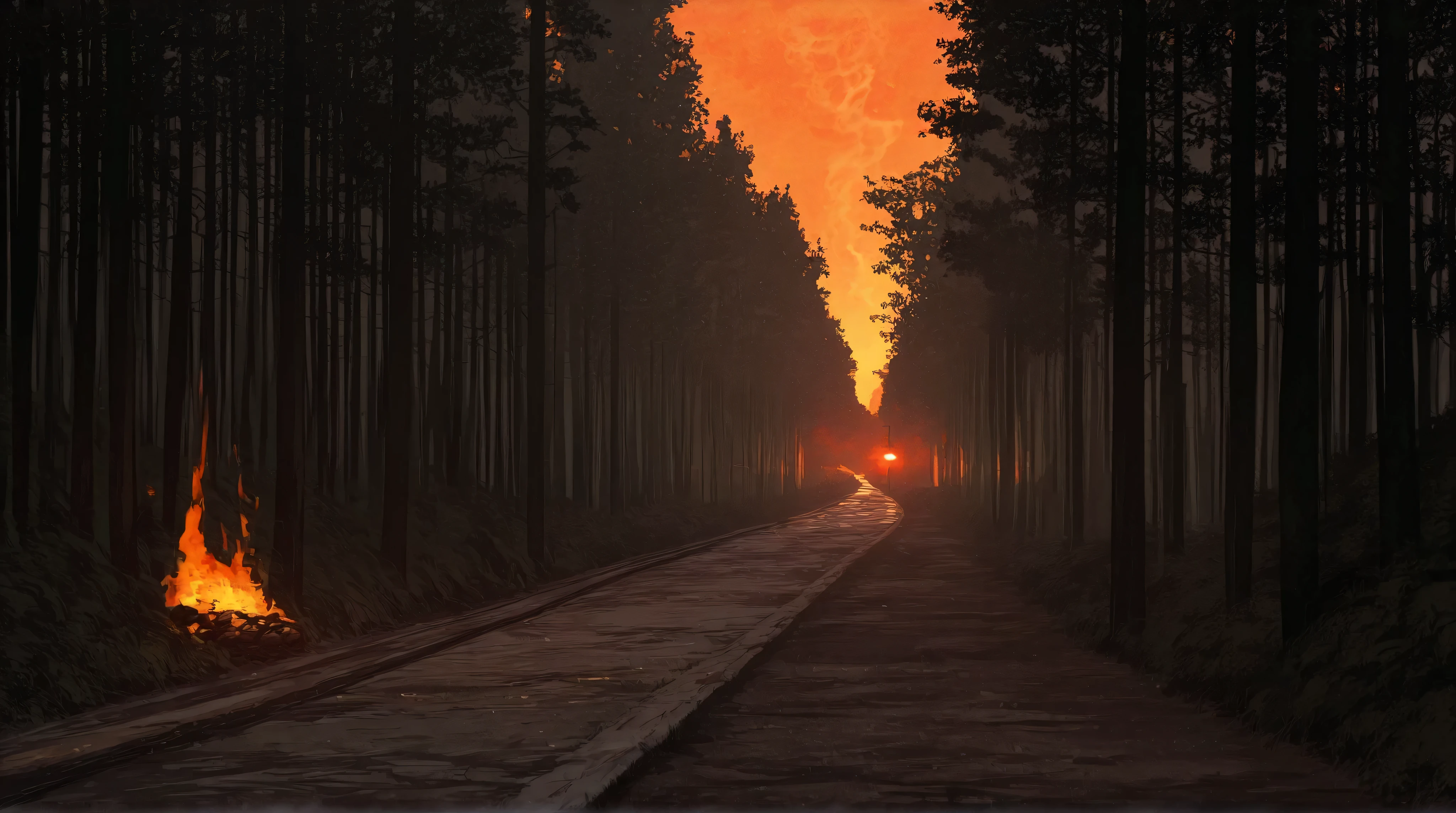 red sunrise , a long, very narrow road leading to a large, smoking and burning metropolis, and there is a dense forest all around.