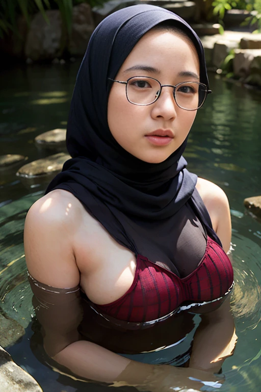 A 18 years old naked Indonesian girl in hijab, very dense pubic hair, dark skin, skinnier body, short body, flat-chested, small breasts, villager, poor girl, wearing floral pattern hijab, wearing black long sleeve tight t-shirt, bottomless, wearing no pant, wearing no skirt, wearing no panties, backpack on her back, smiling and standing on a small creek in the dark forest, look to the viewer with eye close, wet body, wet clothes