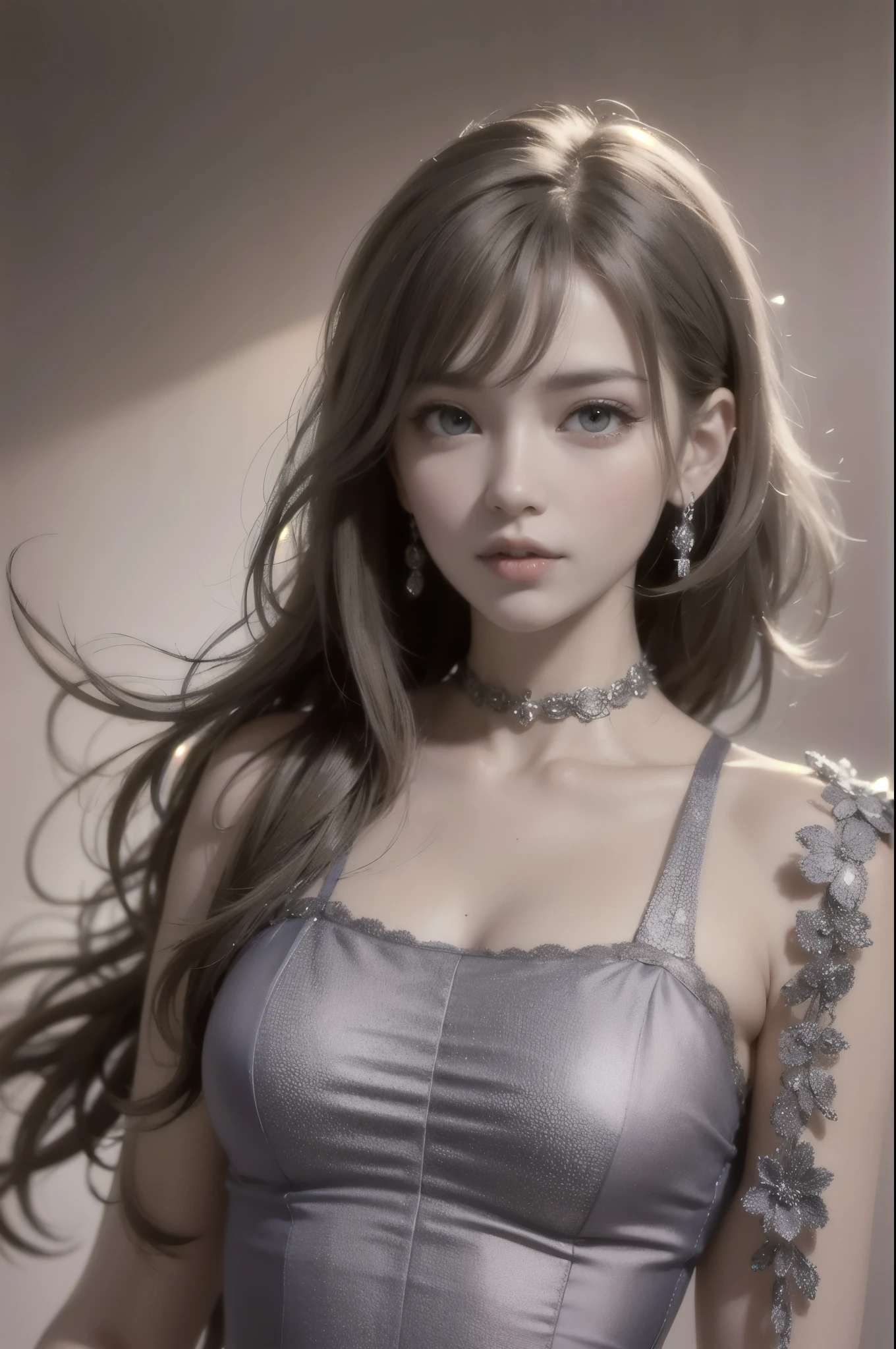 The prompt can be: "Female, environmental lighting, monochromatic background, beautiful detailed eyes, beautiful detailed lips, ultra-detailed, photorealistic:1.37, studio lighting, vivid colors, bokeh".# The mouth rises slightly#Keep your eyes on the camera#