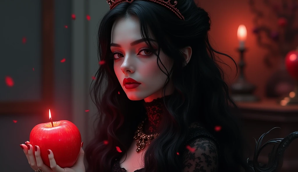 a portrait of a female vampire eating a (bloody cherry: 1.3), an exotic exquisite beautiful female vampire, dynamic hair color, wavy hair, dynamic eyes color, (glowing  eyes: 1.1), intense eyes, wearing glamour silk dress, intricate detailed dress, dynamic color dress, dynamic style dress, (eating  a large cherry soaked with blood: 1.3), blood dripping from the cheery,  whipped cream,  dark fantasy pastry shop background,  vibrant, Ultra-high resolution, High Contrast, (masterpiece:1.5), highest quality, Best aesthetics), best details, best quality, highres, 16k, [ultra detailed], masterpiece, best quality, (extremely detailed) RAW, (ultra details, Masterpiece, best quality),   Dark Art Painting Style, Intense gaze, blood, Cinematic Hollywood Film, DARK
