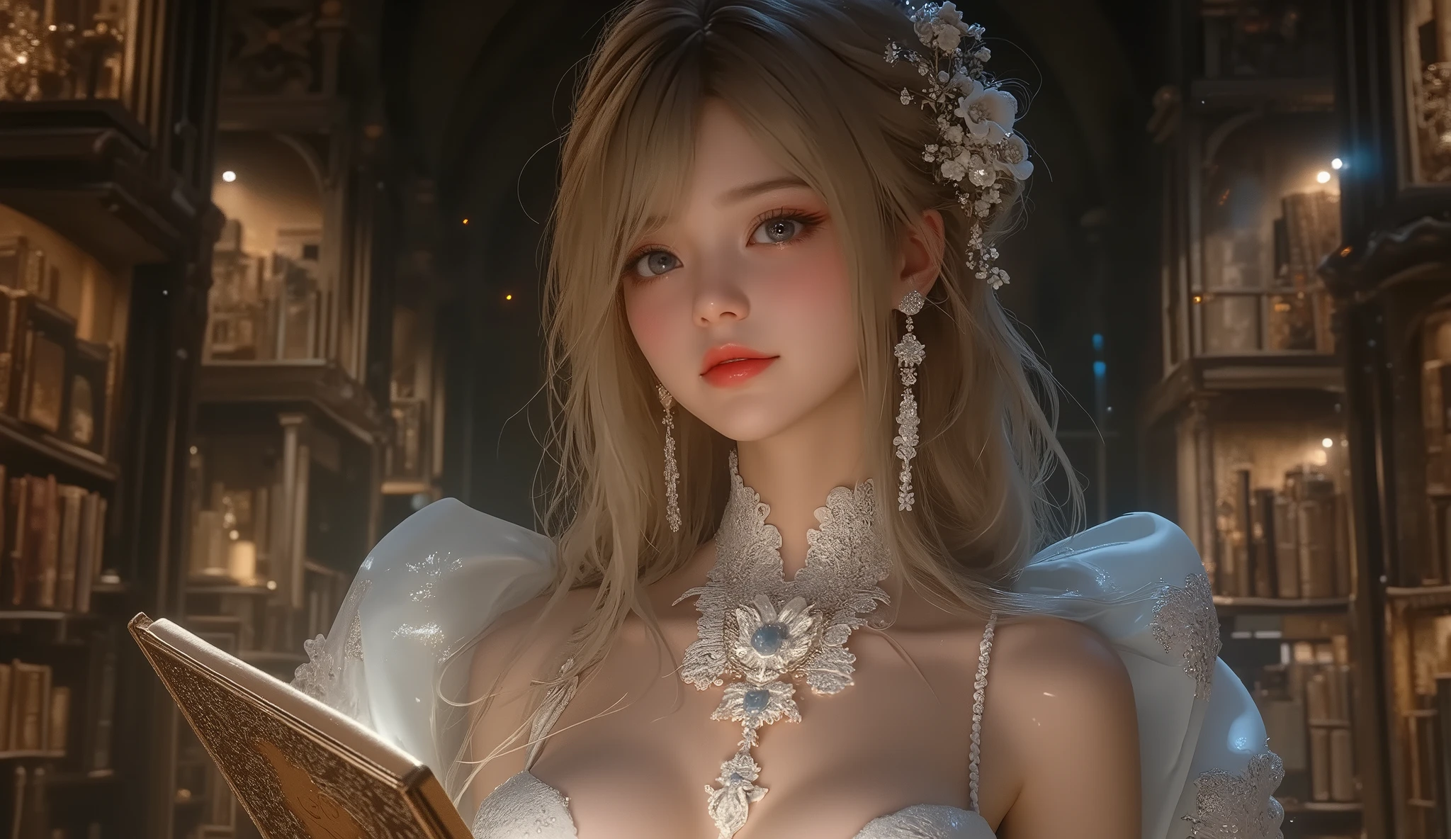 NSFW, (close up A Forbidden Book:2.0), best quality , high image quality during sick leave, 16k, unbelievably ridiculous , very well detailed, 2.5D, delicate and dynamic, cute sexy girl, (Big Breasts、deep cleavage、Nipples:1.8), captivating smile on the top of the head, , close up back view of a beautiful busty Japanese girl in a kimono reading a large very old forbidden book at hidden library, view from outside, glitter effect, silence, quiet,, diffuse reflection of light, , glitter effect