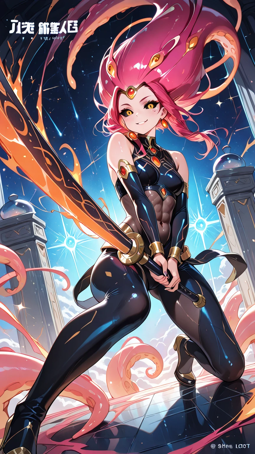 best quality, expressive eyes, perfect face, front view, shihouin yoruichi (Bleach), dark skin, ((black leotard)), arm gloves, stockings, yellow eyes, purple hair, long hair, ponytail, thighhighs, sky, mountains, striking aura of power, yellow electric aura, yellow lightning, yellow rays