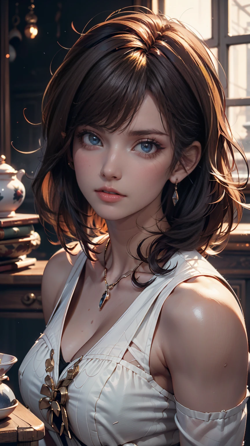 (8k, RAW photo, highest quality), beautiful girl, close up, topless, (detailed eyes:1.2, (looking at the camera:1.4), (highest quality), (best shadow), intricate details, interior, platine hair:1.3, dark studio, muted colors, freckle