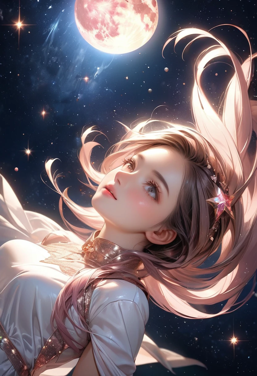 Describe a scene where a cute girl character is lying on a grassy hill, Looking up at the starry sky. Surround her with colorful nebulae and her favorite constellations.