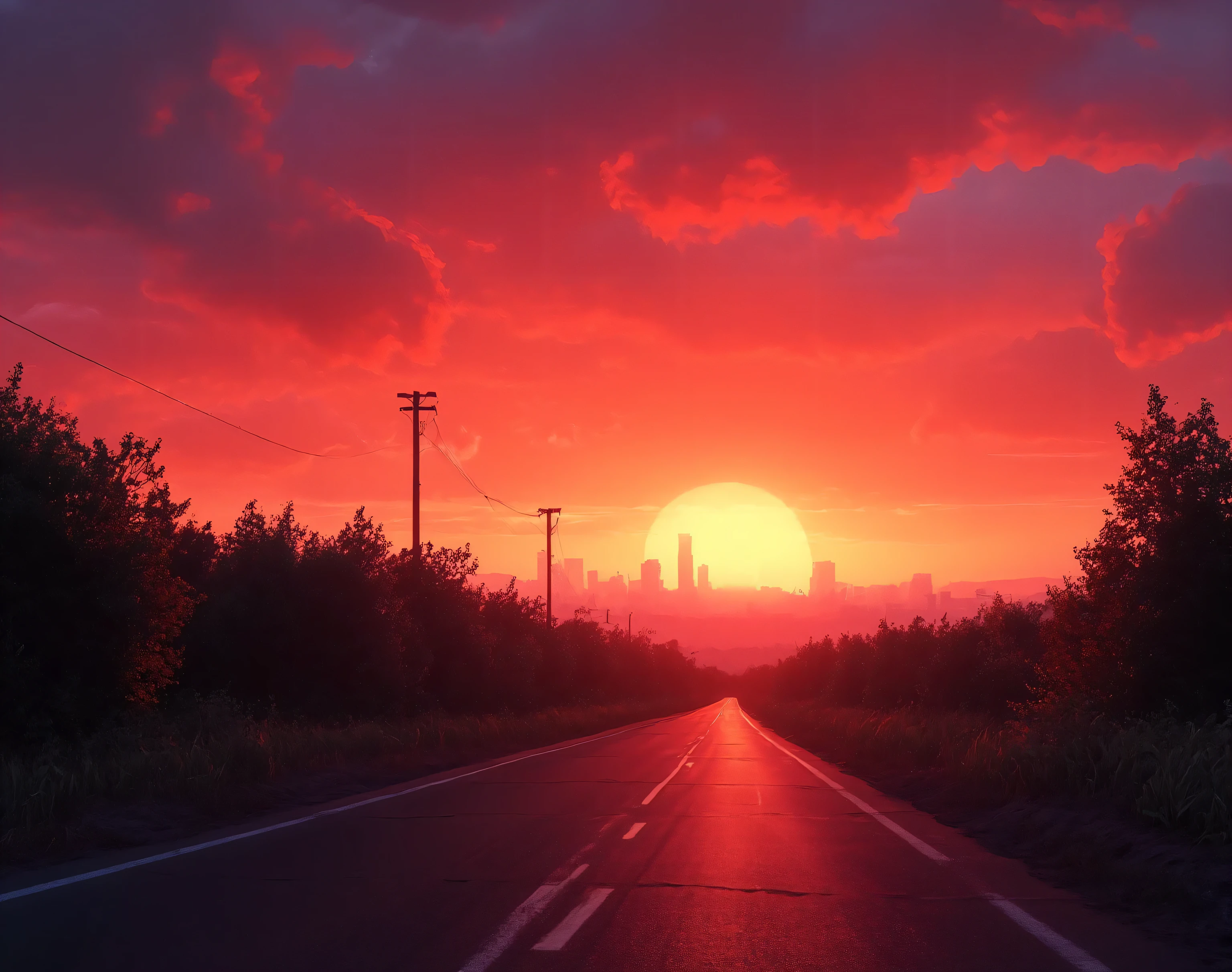 red sunrise , a long, very narrow road leading to a large, smoking metropolis, and there is a dense forest all around.