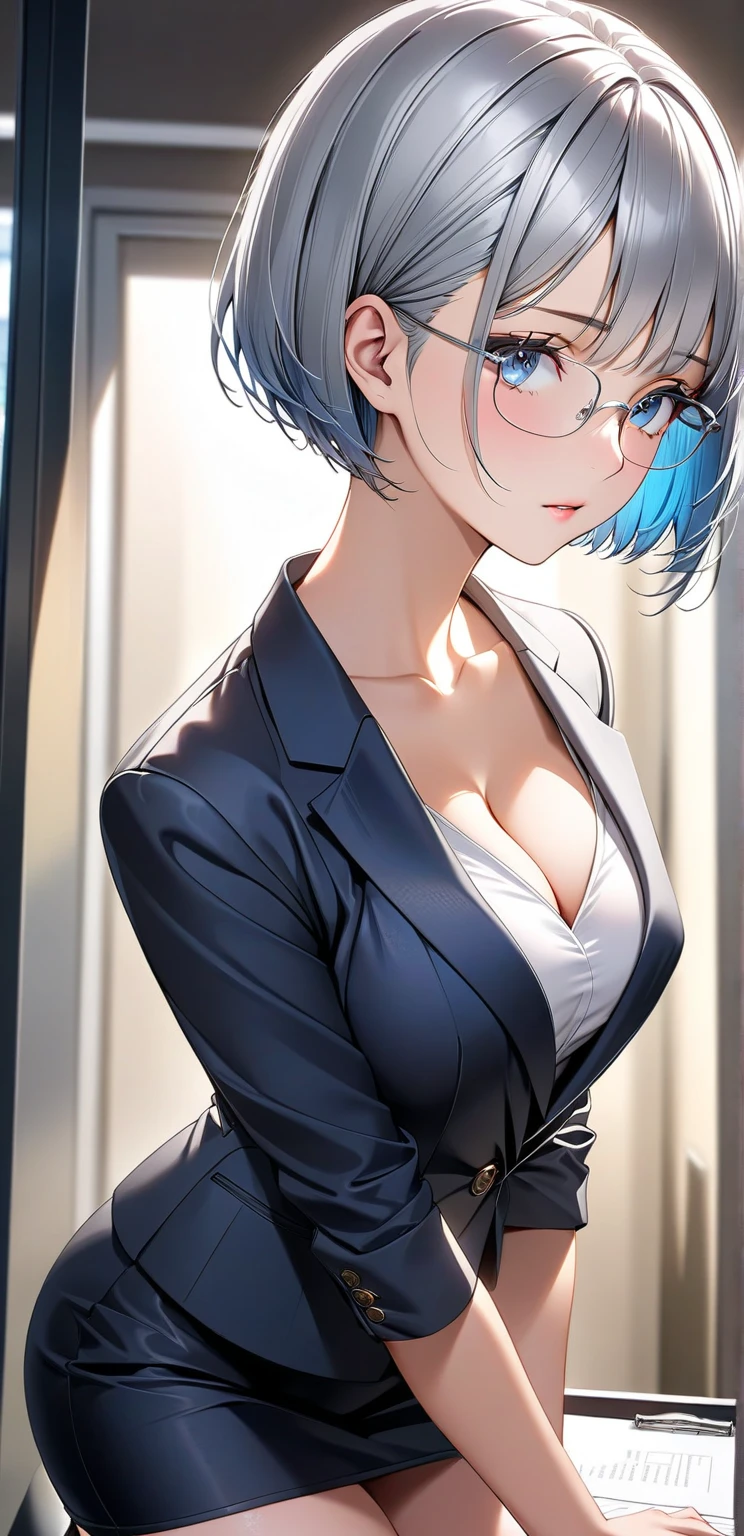 (best quality:1.5, highres, UHD, 4K, detailed lighting, shaders), white and blue haired, gradient hair, large breasts, suit, gray shirt, social shirt, short skirt, mature woman , (pov), white background, colorful eyeshadow, dramatic lighting, sparkling eyes, sensual expression, golden earrings, flowing hair, delicate facial features, dark skin, high cheekbones, raining, urban setting, white background, dont look for the camera, lean forward, view from behind, wet  by the rain.