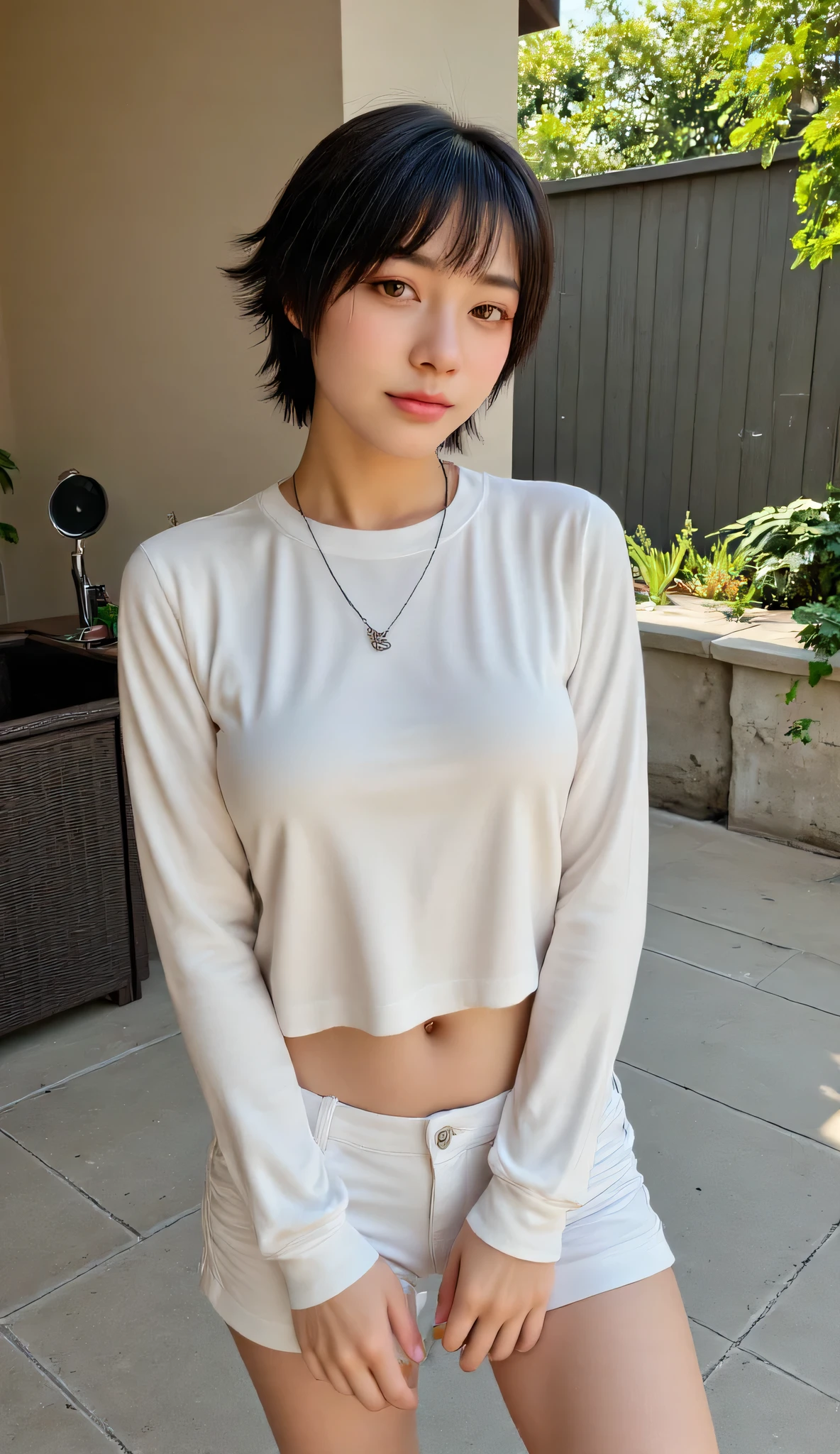 skinny with an athletic body, wearing a white silk sweater, usando shorts curto casual, Beautiful Chinese girl, light blue eyes, short black hair and modern cut, big and attractive thighs, small silver necklace, in the backyard, In the morning in China