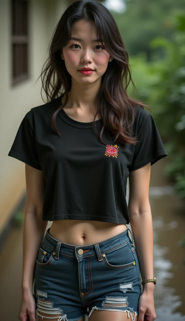 (disorganized, RAW photo, very delicate and beautiful, masterpiece, highest quality, ultra high resolution, 16k, surreal, super detailed, perfect anatomy, super dense skin, perfect figure:1.2), Highly detailed CG 8k wallpaper, 20&#39;s, very slim body, (tight waist:1.2), very small head, very small face, delicate features, tearful mole, earrings, thin legs, (very huge round breasts:1.2), 1 girl, short hair, wavy hair, (T-shirt:1.2), (cargo pants:1.1), (shorts:1.1), (Wet:1.1),