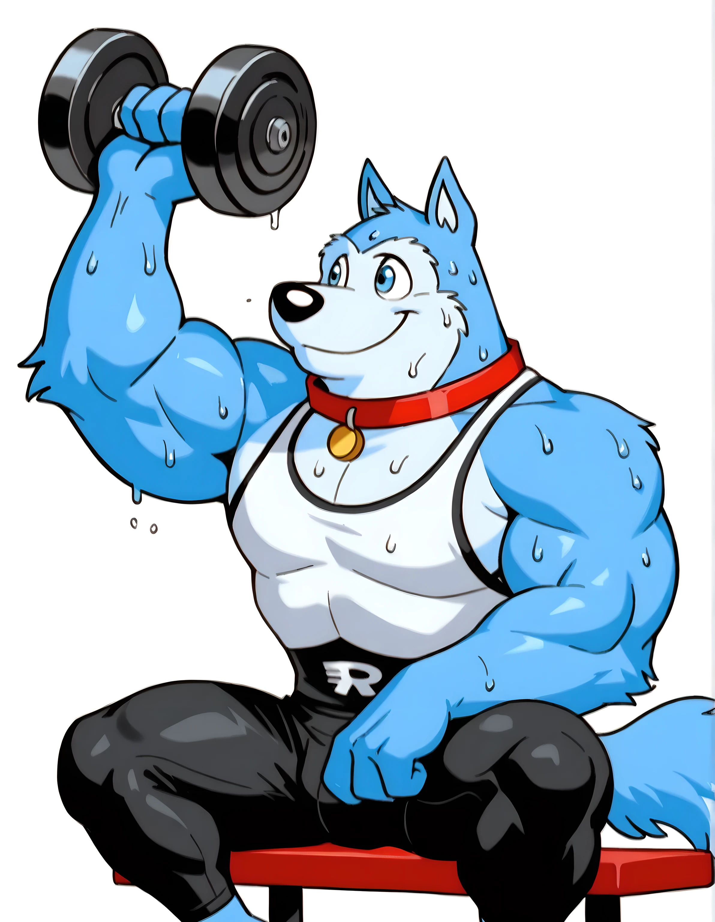 Exile (Road Rovers), high quality, blue fur, white fur, anthro dog, solo, male, half body, red collar, blue eyes, smile, high quality, best resolution, tanktop, workout pants, bare arms, white background, simple background, holding dumbbell, (big dumbbells, heavy dumbbell), workout, lifting weights, thick arms, sitting on workout bench, sweaty