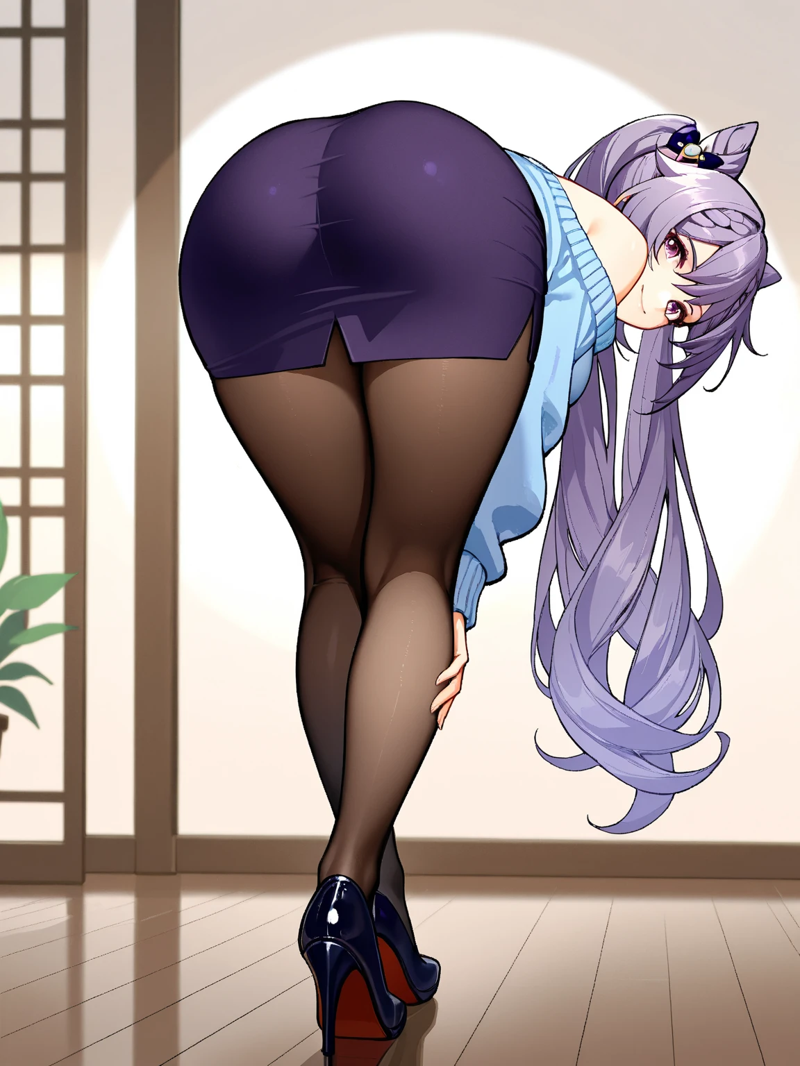 BREAK looking at viewer, BREAK (masterpiece:1.2), best quality, high resolution, unity 8k wallpaper, (illustration:0.8), (beautiful detailed eyes:1.6), extremely detailed face, perfect lighting, extremely detailed CG, (perfect hands, perfect anatomy)fern, long hair, bangs, (purple eyes:1.1), purple hair, sidelocks, blunt bangs, (bright pupils:1.5),onsen,hot springs, night, half updo,
long sleeves,Japanese clothes,yukata, sash, cleavege,neckline,stockings,from behind,upskirt,showing panties,camel toe,ass in camera,staying on knees,bend over,on knees