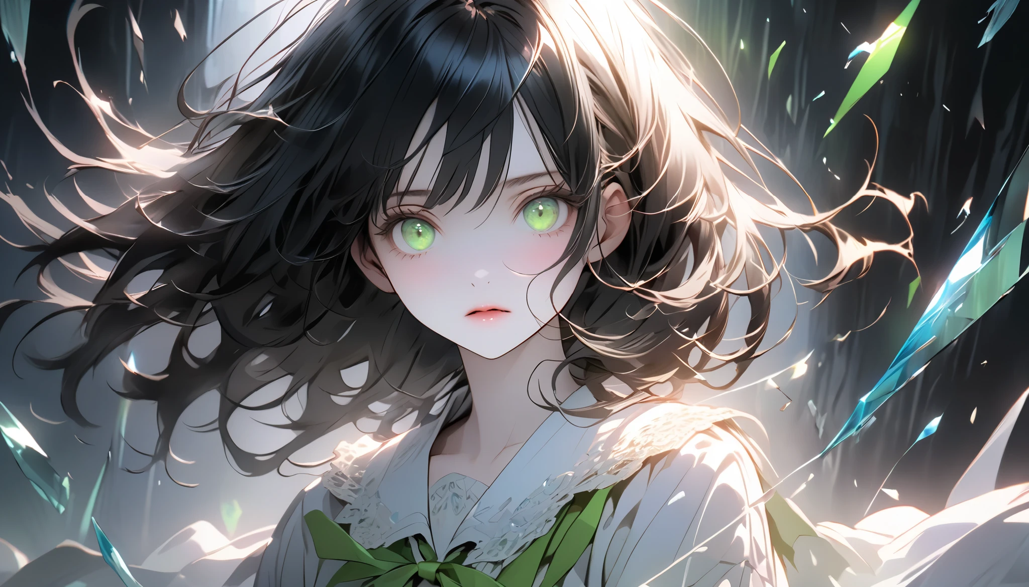 "A girl falling in slow motion into a dark abyss, surrounded by floating shards of shattered glass. She has long black hair, pale skin, and moss green eyes, her face frozen in a mix of fear and acceptance. The background consists of distorted neon grids, pulsating with chaotic energy. Ethereal blue flames flicker around, casting a ghostly glow on her skin. Ultra detailed, cinematic lighting, professional shading, high resolution, masterpiece."