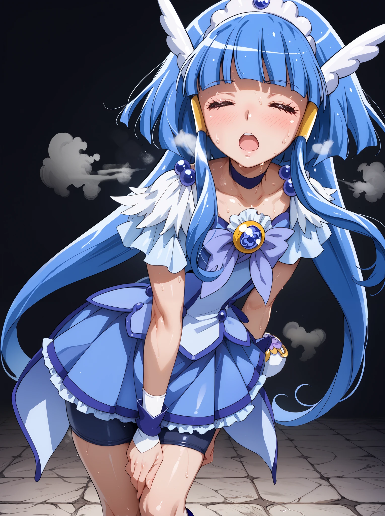1girl, solo, ((curebeauty)), shiny skin,standing,anime coloring,stone floor,black background,dark blue bike shorts,blush,closed eyes,open mouth,steam,sweat