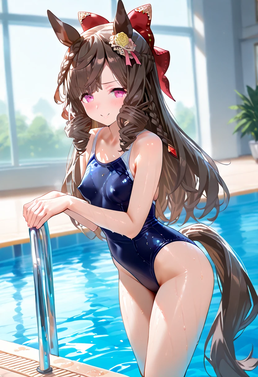 Reimu Hakurei, (Brown eyes:1.5), Brown Hair, bow, hair bow, Hair Tube, Long Hair, red bow, Side Lock, (((Slender body)))、(Navy school swimsuit)、Pool、View your viewers,blush、((Backwards、look back))、
Full Body Shot,Smile Break (masterpiece:1.2), Highest quality, High resolution, unity 8k wallpaper, (figure:0.8), (Beautiful attention to detail), Highly detailed face, Perfect lighting, Highly detailed CG, (Perfect hands, Perfect Anatomy)
