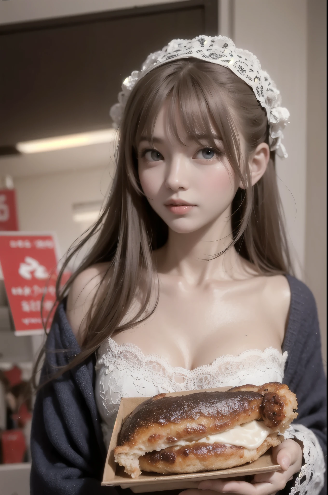 (Highest quality, masterpiece:1.3, Ultra-high resolution), (Very detailed), (Realistic:1.4, RAW shooting), ((A typical blouse:1.2)), ((the body is slim)), girl, Japanese, cute, Straight Long Hair, Big Breasts, Turn your body forward, (View from the front:1.1), Looking into the camera, focused on the chest, Light brown hair, ((Black Choker)), Very long and bushy eyelashes, blue eyes, bangs、 ((Wicked Smile))、Wooden table, Walls made of wood, ((Full body portrait)),Bright red lipstick、Slim face、The body is slim、Very large breasts、((Chicken on a plate))