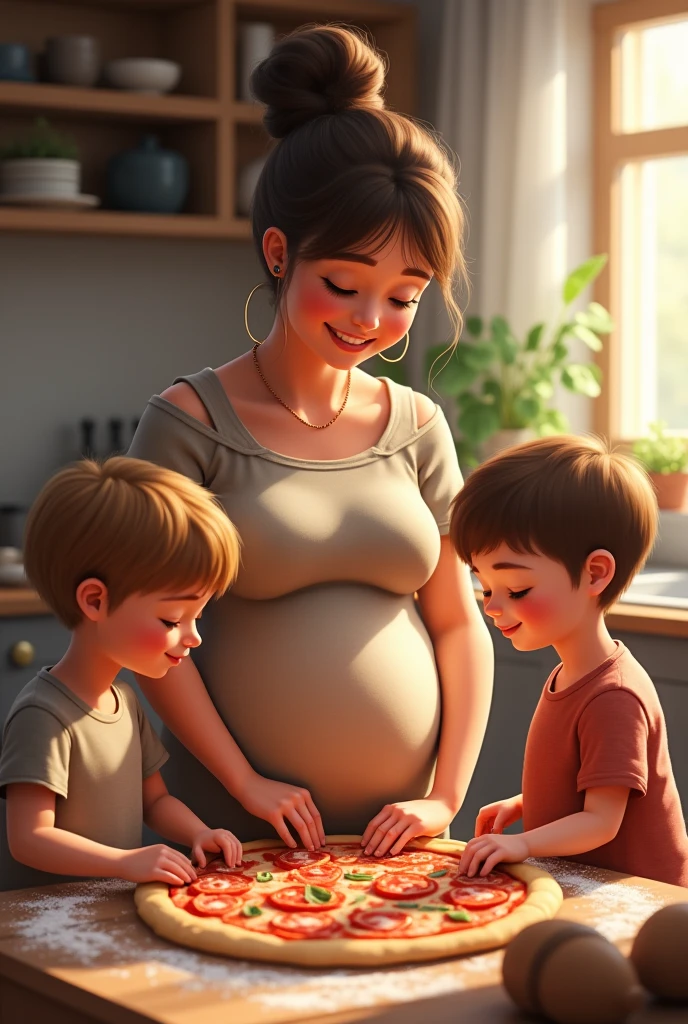 A white woman with dark hair and green eyes, she is pregnant. Beside her, her husband with white skin and green eyes, medium hair and a short beard. In front of them a 1-year-old baby, a 3-year-old child and a 12-year-old , make up this family gathered on a farm