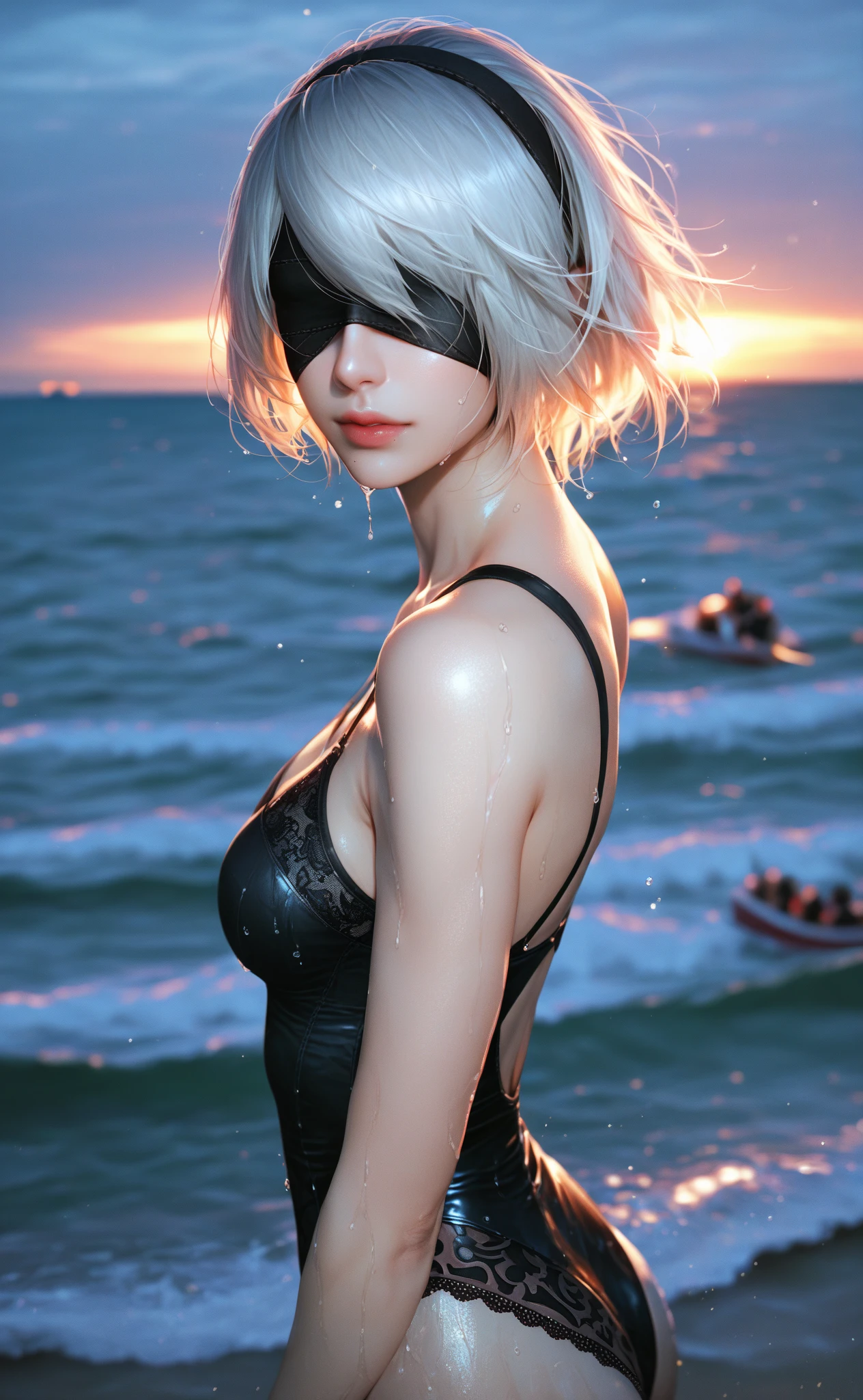 2B,Nier Automata,girl in bikini on beach,detailed face and anatomy,extremely detailed,8K,photorealistic,cinematic angle,dramatic lighting,vibrant colors,dynamic pose,wet skin,splashing water,golden hour lighting,intricate details,volumetric fog
