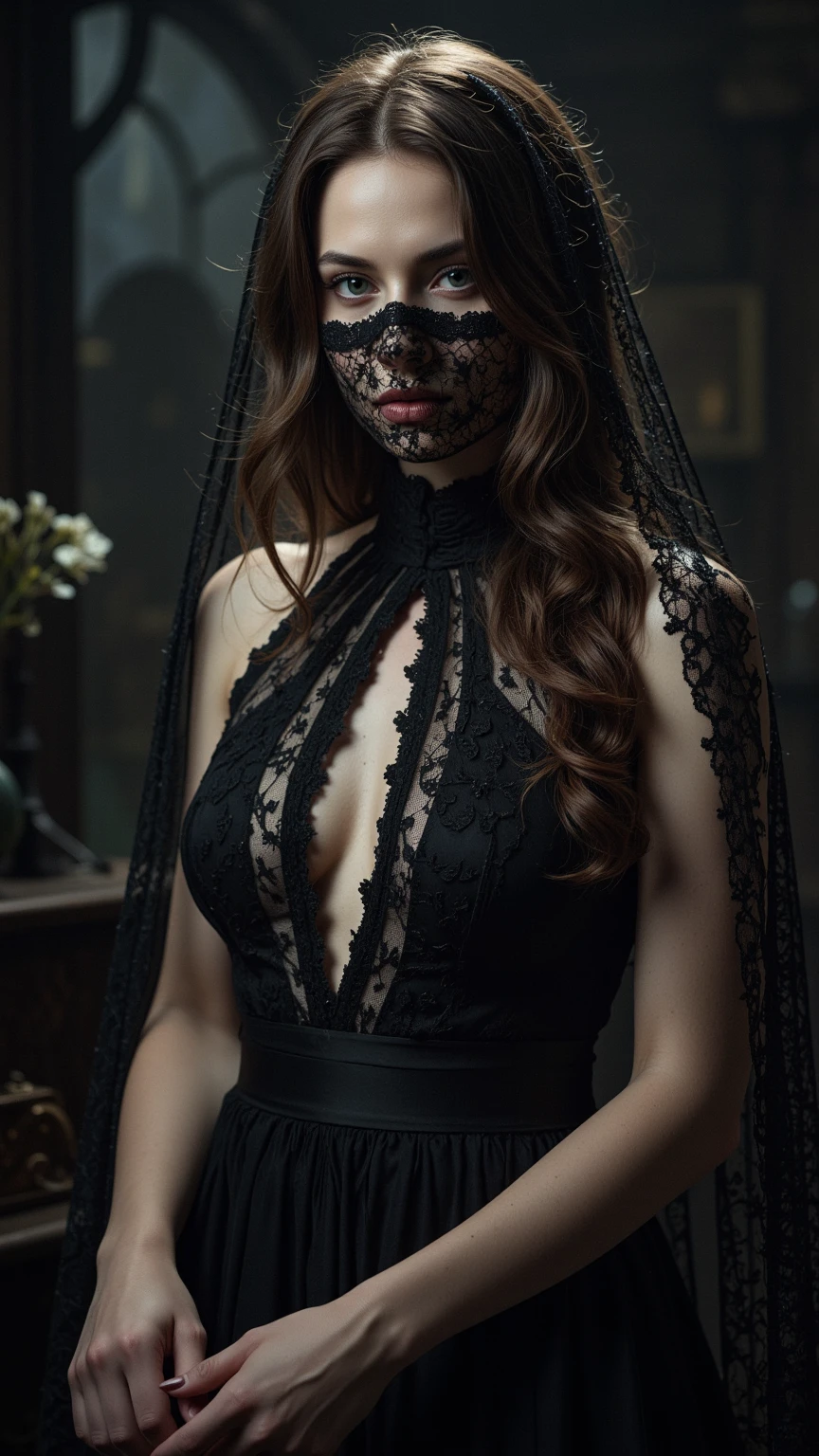 estilo de terror H.R. Giger style In the dimly lit ballroom of a masquerade ball, a young demon woman captures attention with an air of mystery and elegance. Vestida com um luxuoso vestido apertado, ela se move graciosamente, a Mask que ela usa acrescenta um elemento de intriga, escondendo sua identidade, highlighting the sparkle in your eyes Your hair is intricately styled, adorned with subtle accessories that capture the soft glow of candlelight. a Mask, an exquisite feather creation, lace or elaborate patterns . Surrealista, Biomechanicals, airbrush, escuro, "impressionista . escuro, misterioso, Gothic, macabrees