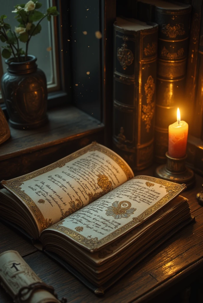 An ancient, leather-bound book with intricate gold embossing, resting on a dimly lit wooden table in a secluded library. The book is slightly open, revealing pages filled with elegant, handwritten script and delicate illustrations of intertwined hearts and roses. Soft candlelight flickers nearby, casting a warm, mysterious glow over the scene. Dust particles dance in the air, adding to the sense of secrecy and allure. The atmosphere is one of romance and mystery, with an air of forbidden knowledge waiting to be discovered.