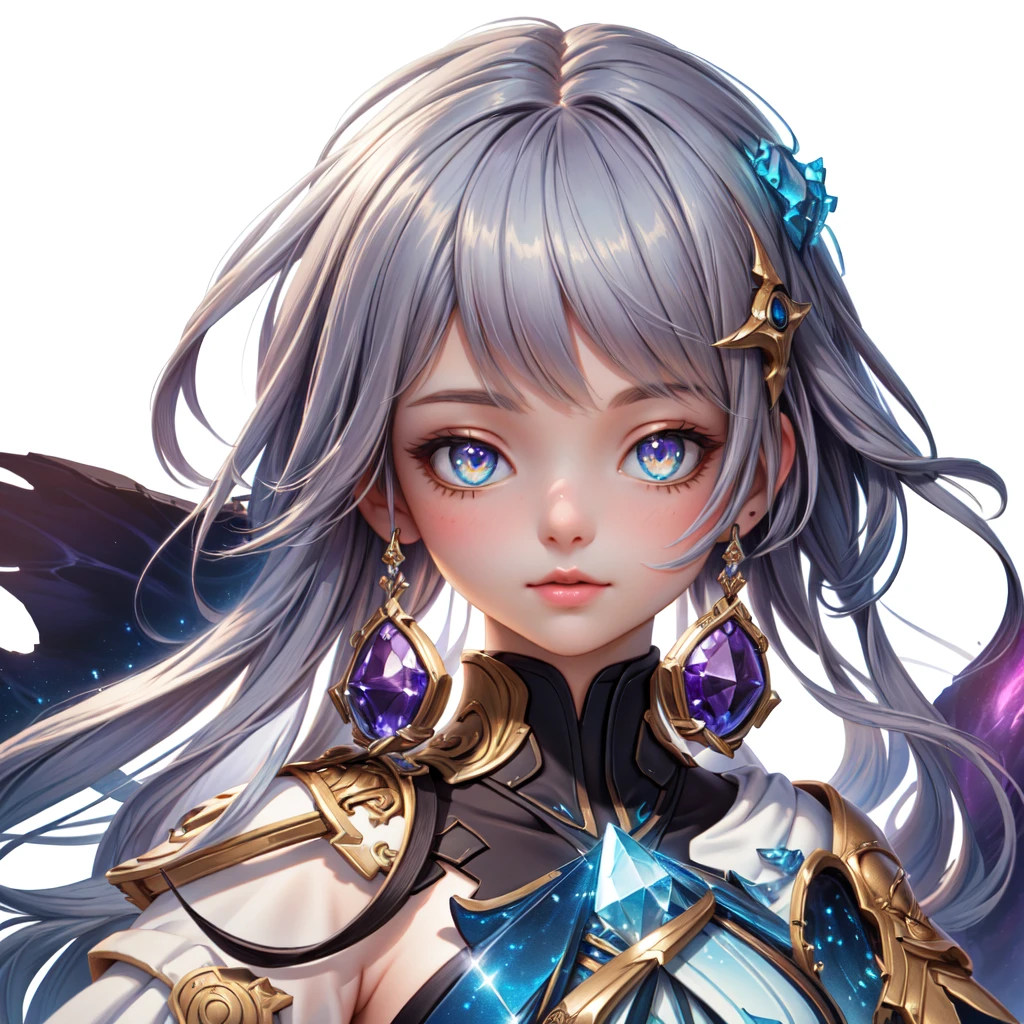 (((masterpiece))), best quality,(noelle_silva),long hair ,twintails,purple eyes,silver hair, bangs, ((water_armor)), earring, wings, blurry background, crown, valkyrie, armored dress, angel, night, holding water sword, fighting stance