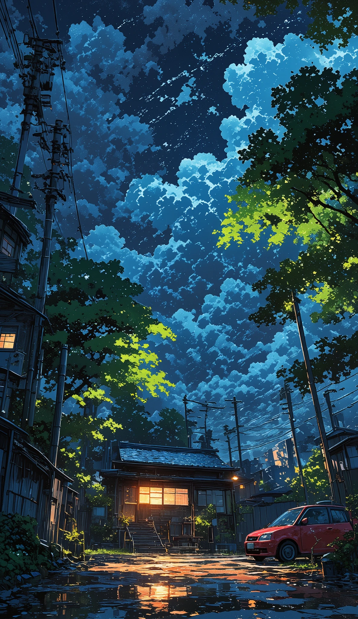 A highly detailed anime-style illustration of a traditional Japanese house under an ominous stormy sky. The small wooden house, with a blue tiled roof and glowing orange lights from within, stands amidst lush green trees and bushes. A red compact car is parked in front, reflecting the ambient street lights on the slightly wet pavement. Thick, dramatic storm clouds loom overhead, casting a dark and moody atmosphere. Power lines crisscross above, adding a sense of realism to the quiet suburban setting. The environment is rich in texture, from the damp road and scattered leaves to the intricate details of the house’s wooden panels and surrounding foliage. The contrast between the warm interior lights and the cold, foreboding sky creates a strikingly atmospheric scene