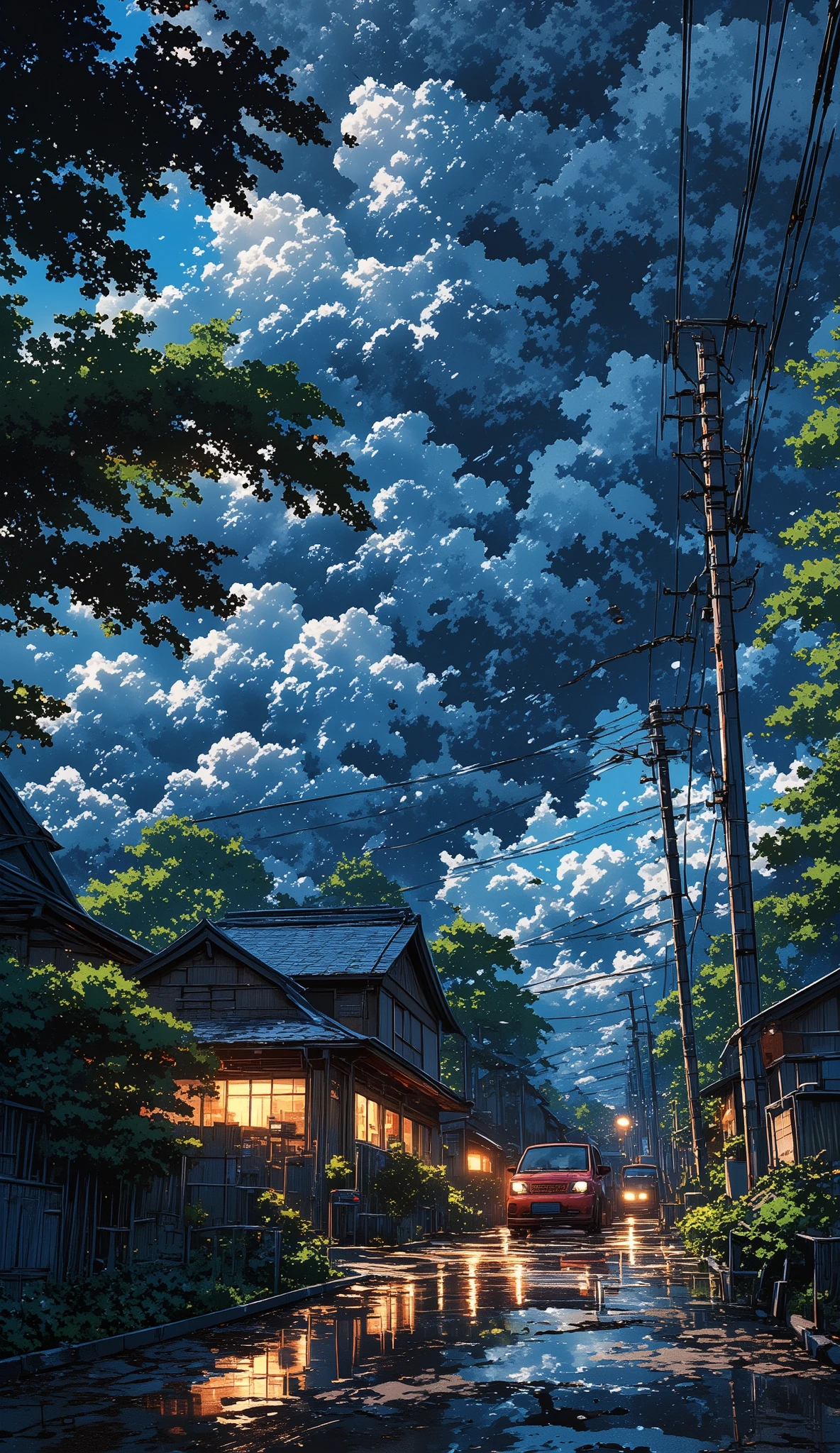 A highly detailed anime-style illustration of a traditional Japanese house under an ominous stormy sky. The small wooden house, with a blue tiled roof and glowing orange lights from within, stands amidst lush green trees and bushes. A red compact car is parked in front, reflecting the ambient street lights on the slightly wet pavement. Thick, dramatic storm clouds loom overhead, casting a dark and moody atmosphere. Power lines crisscross above, adding a sense of realism to the quiet suburban setting. The environment is rich in texture, from the damp road and scattered leaves to the intricate details of the house’s wooden panels and surrounding foliage. The contrast between the warm interior lights and the cold, foreboding sky creates a strikingly atmospheric scene