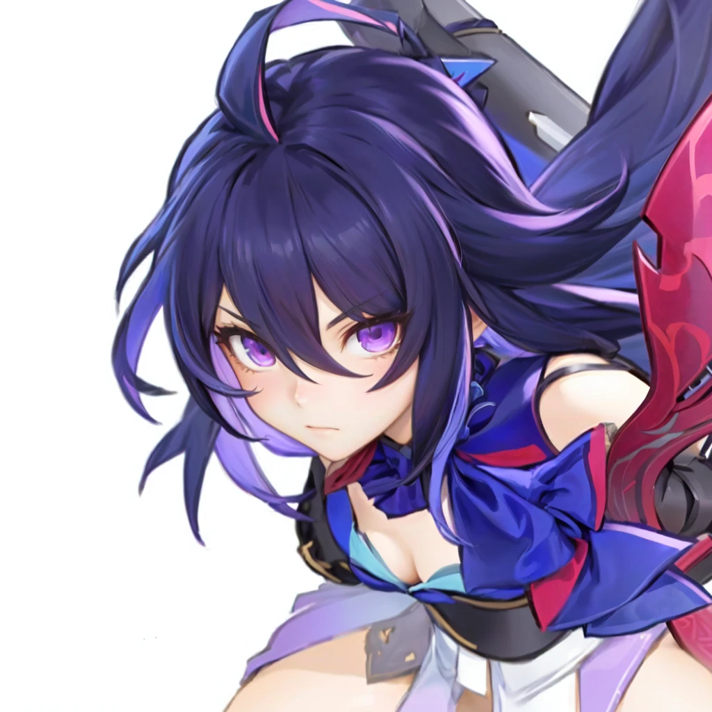 masterpiece, high resolution, ultra detailed, 8K, seele from honkai star rail, as villain, shy, alternate mecha armor, upper body, simple background, HDR