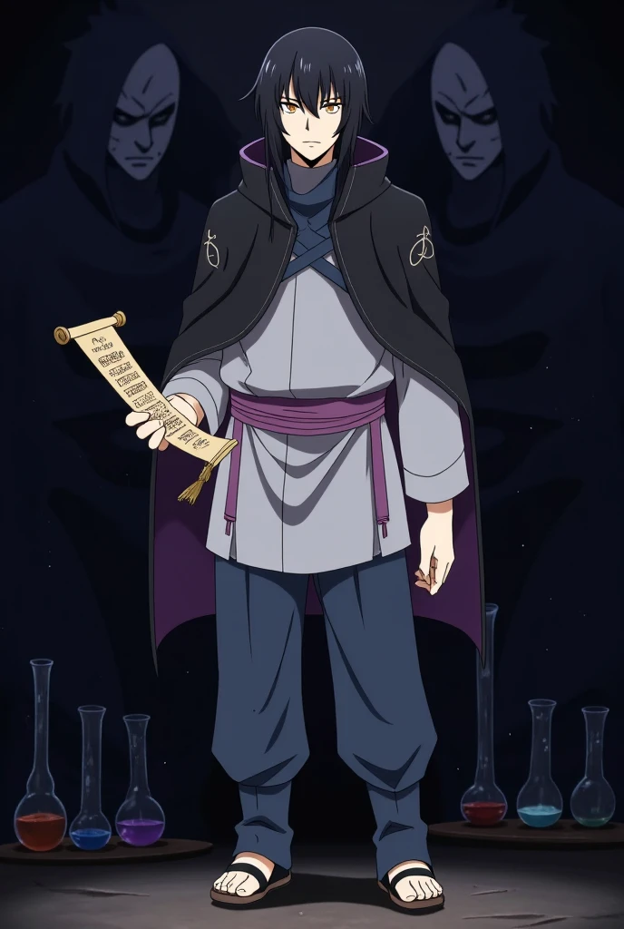 A boy wearing a white mask and holding a staff.