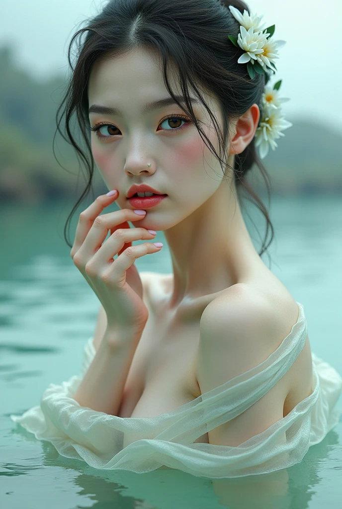 close up portrait of a Chinese actress Fan Bingbing with hijab,bathing in a river, reedacklighting), realistic, masterpiece, highest quality, lens flare, shade, bloom, [[chromatic aberration]], by Jeremy Lipking, by Antonio J. Manzanedo, digital painting,