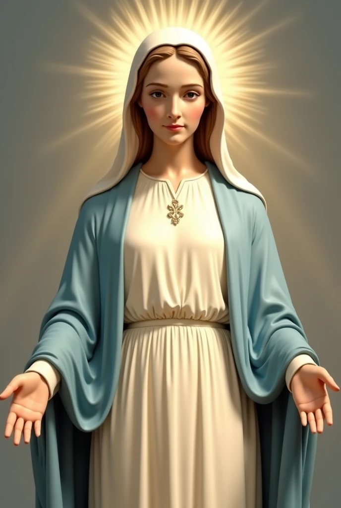 Beautiful young Virgin Mary with open arms looking down at the camera、Beige bra and panties、Beautiful navel、Light blue cloak and veil