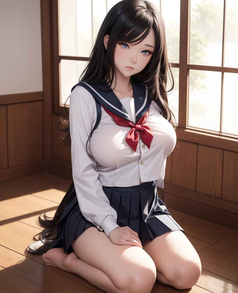 Best Quality,masutepiece,超A high resolution,(Realisticity:1.4),Original photo,Cinematic lighting,ultra gigantic tits、beauty legs、Big buttocks、(Sailor suit style leotard)、(tight skirts)、knee sox、1womanl,Sit on the bed、Nasty smile、Nipple emphasis、crotch accentuation