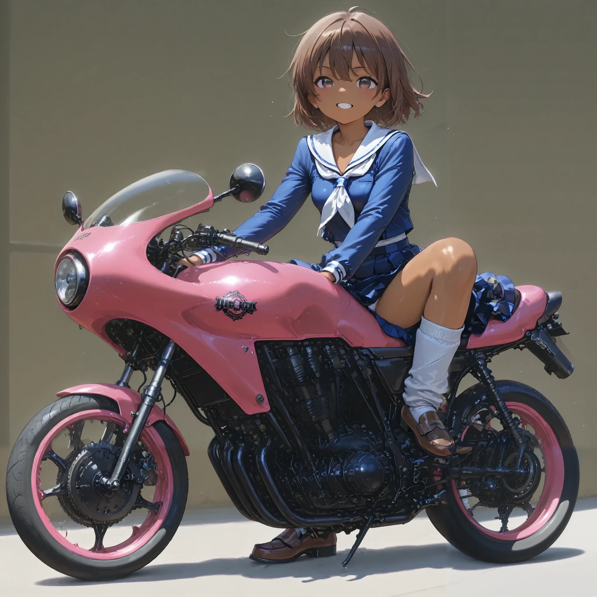 A high school girl rides a tuned motorcycle、 sailor suit, loose socks, loafers, matte brown skin , small breasts, top quality ,