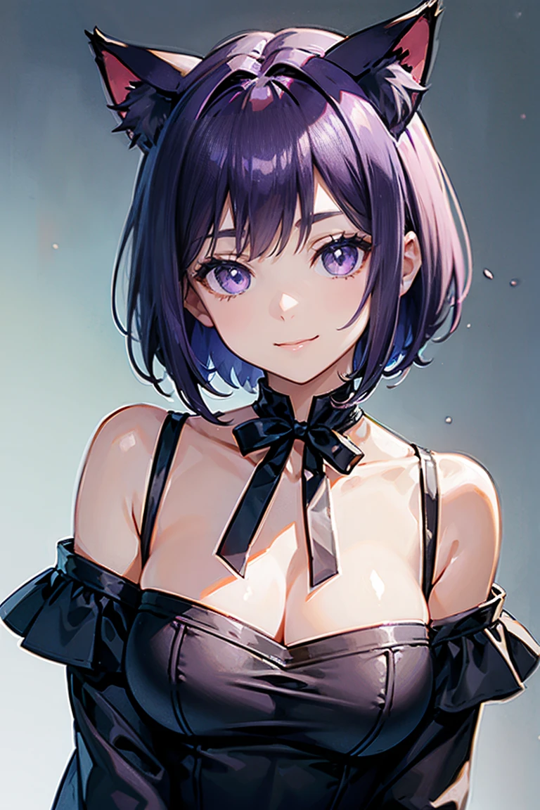 Anime-style portrait of a girl with a violet bob cut making eye contact with the camera, bright eyes, subtle smile, minimalistic background to emphasize character, high contrast, clean lines, digital painting, vivid colors