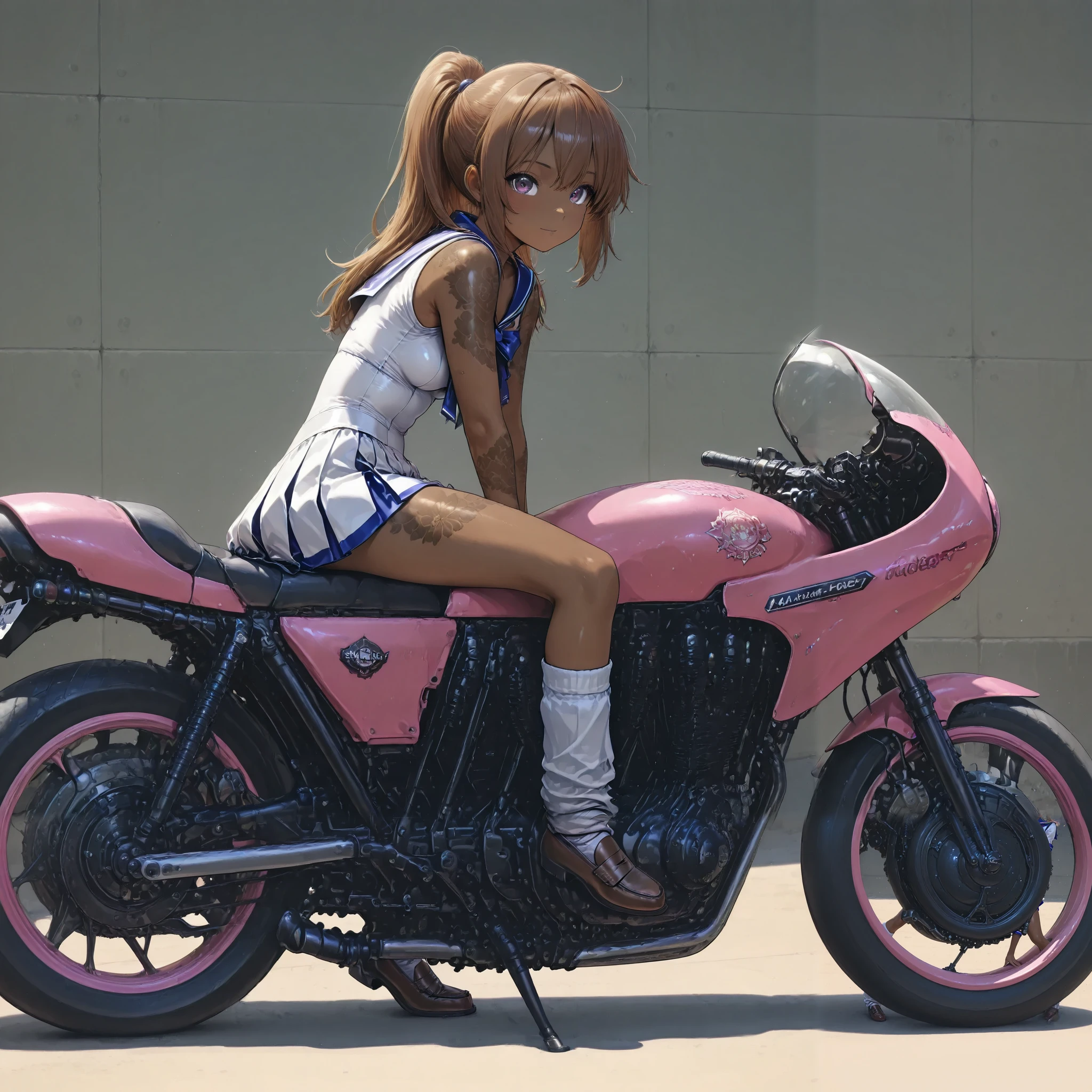 A high school girl rides a tuned motorcycle、 sailor suit, loose socks, loafers, matte brown skin , small breasts, top quality ,