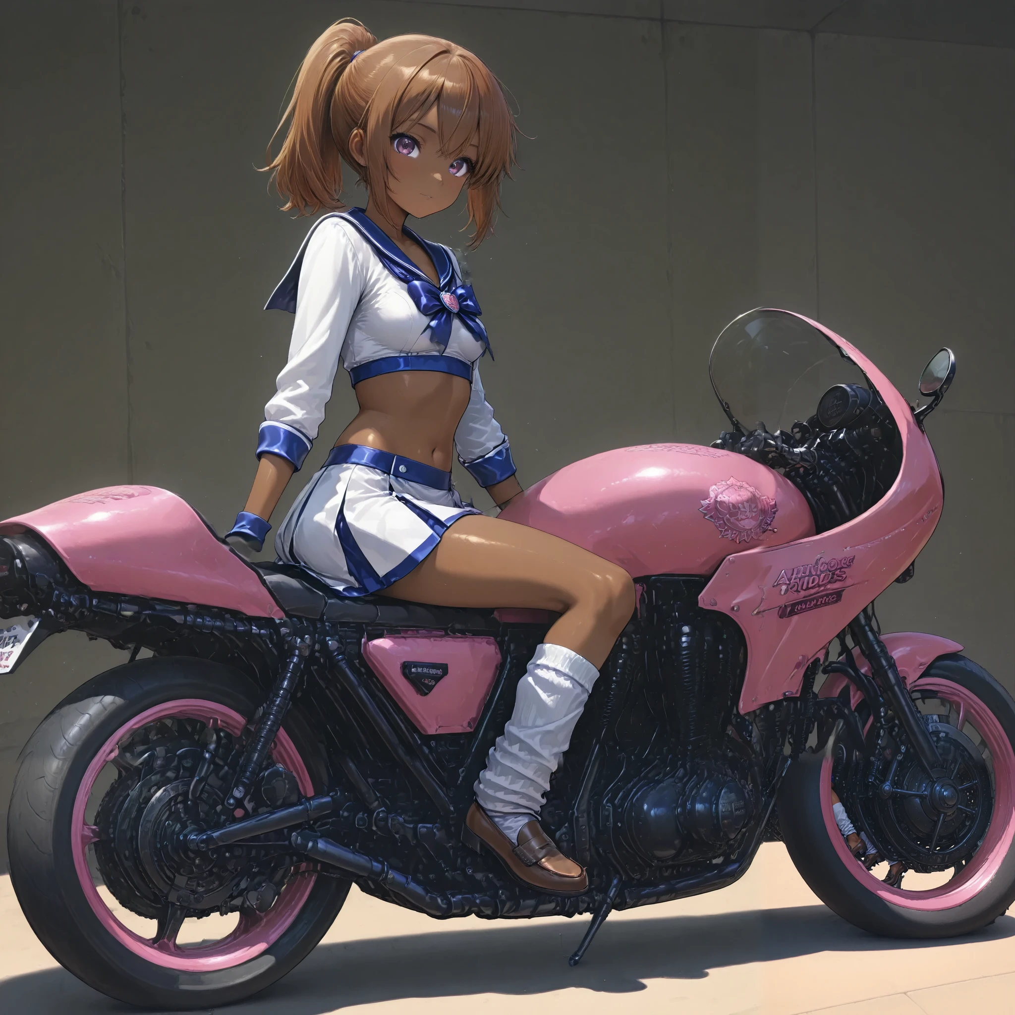 A high school girl rides a tuned motorcycle、 sailor suit, loose socks, loafers, matte brown skin , small breasts, top quality ,