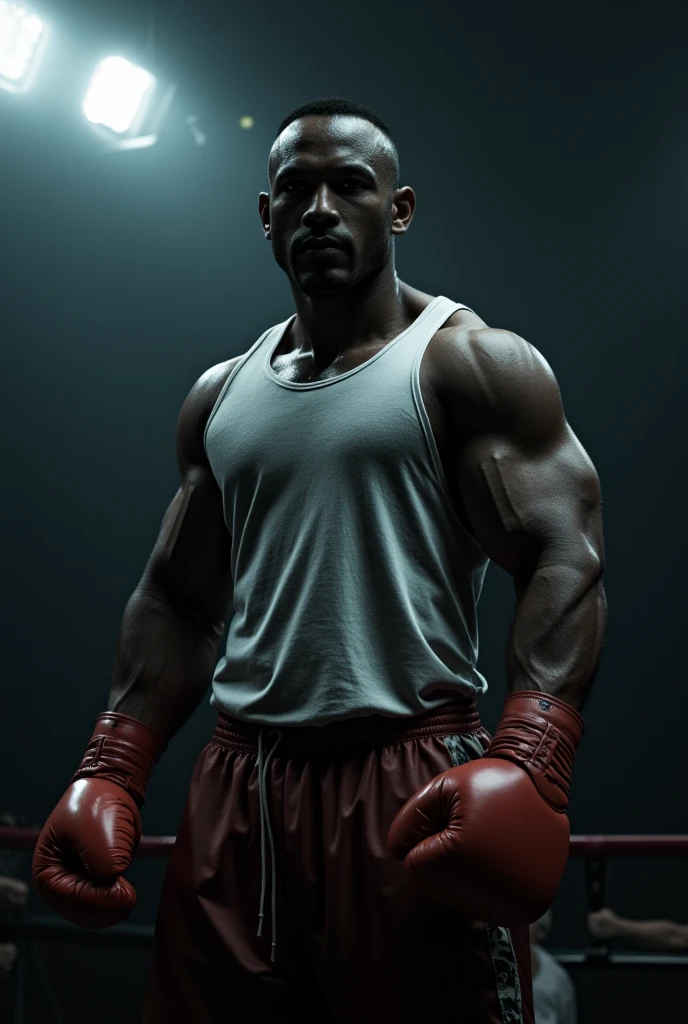 A dark-skinned man with black eyes and very large muscles, wearing boxing gloves shaped like bread.