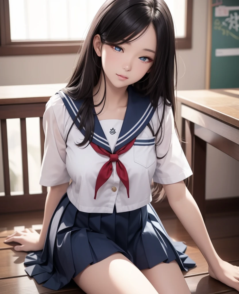 1girl, solo,(best quality),(masterpiece:1.1), full body, looking_at_viewer, dynamic angle, serafuku, cute, clear facial skin,