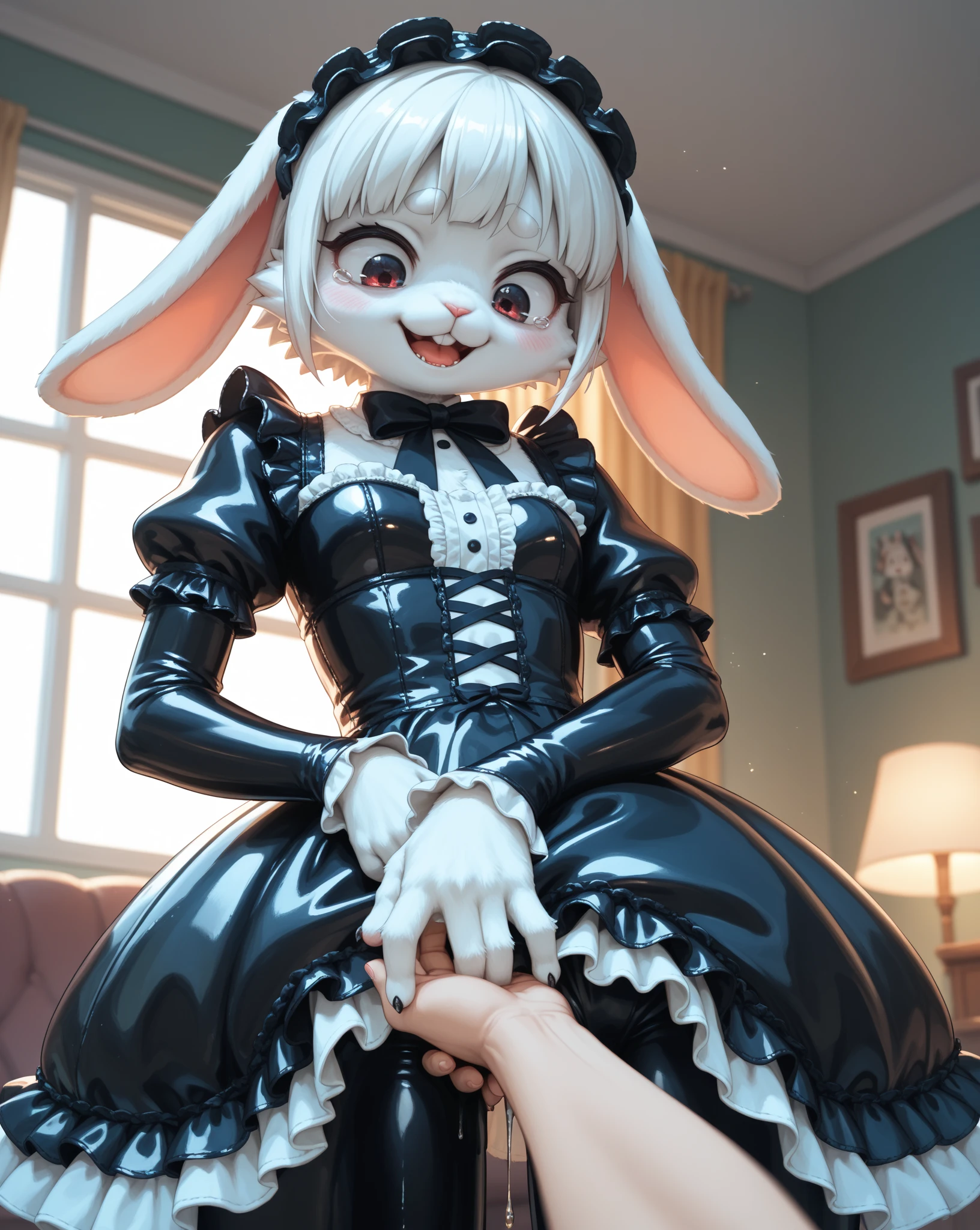 masterpiece, best quality, furry, anthro, anime, highres, perfect hands, 4k, ultra-detailed, by pakwan008 , by pixelsketcher, by jinu, vanilla the rabbit, rabbit girl, animal ears, animal nose, white muzzle, white gloves, orange hair, brown fur, maid dress, black and white outfit, white lace, tie, stockings, short sleeves, furry female, mature female, indoors, (holding hands), 1girl, 1boy, cowgirl position, sex, vaginal, girl on top, pov, naked male, pussy, penis, pussy hair, pubic hair, smirk, looking at viewer, blush, (symmetry:0.6)