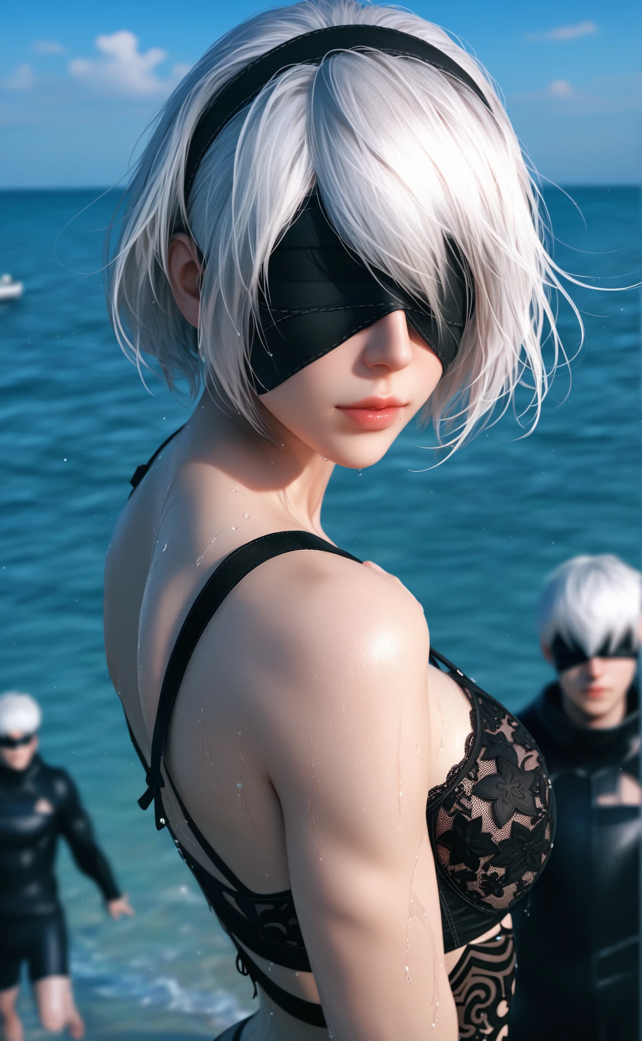 8k, ultra realistic, masterpiece, best quality, ultra detailed, beautiful face, beautiful skin, photorealistic, (professional lighting:1.2), nier_automata, 2B, yorha_no._2_type_b, (((no blindfold))), white hair, short hair, black_dress, black_hairband, robot_joints, android, cyborg, clothing_cutout, light smile, pearl necklace, looking at viewer, cowboy shot, focus on face, ultra sharp, on street in business district, ultra detailed photo background, (((on the beach)))