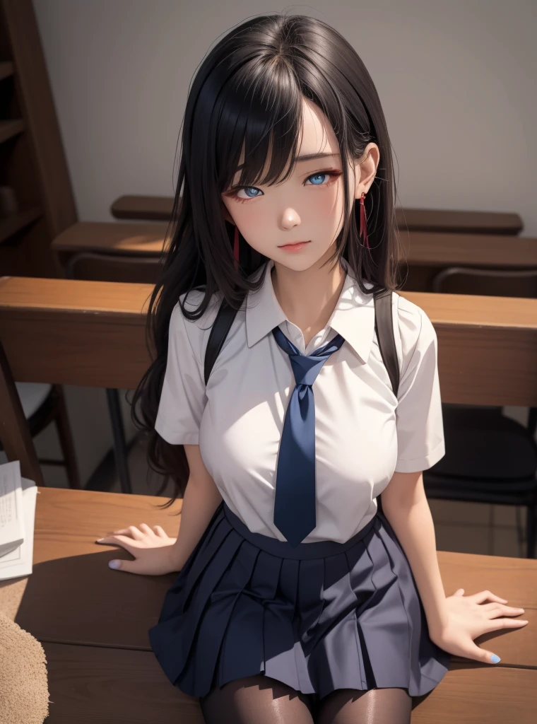 top-quality、hight resolution、ultra-detailliert、masterpiece、Raw photography:2、realisitic:2、Photorealsitic:2、extremely delicate and beautiful、finely detail、Textured skin、1girl in、japanes、 (Solo)、(Chest Up Shot)、18-year-old 、(Sitting on a school chair by the window)、She's looking at this、Sunset hits、(Super beautiful girl:1.5)、(A detailed face)、Adult face、Bare legs、Black hair、(White short shirt and grey short shirt)、highschool、crass room、School Desks and Chairs