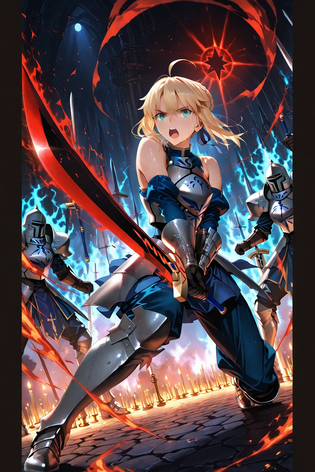 elf girl anime with sword in the fire with flames flying around her, artoria pendragon, fate zero, fate / stay night, fate / zero, fate stay night, anime style like fate / stay night, epic anime art, zerochan art, fate grand order, anime badass 8 k, by Yang J, zerochan, epic anime style, with big sword