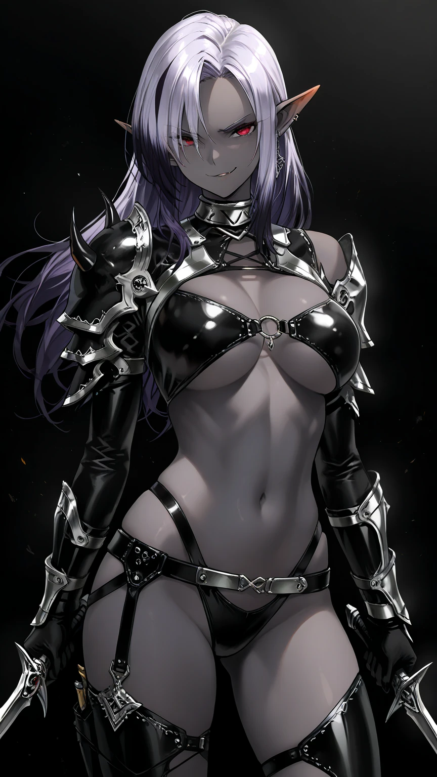 Sorayama style, metallic arm, (((best quality))), ((( masterpiece ))), ((( absurdres ))), ((( whole body)))), muscular woman beautiful warrior Barbara wielding a large war axe, Conan the Barbarian style, Simon Bisley style for a cover of Heavy Metal magazine, (( tiny thong made of gleaming metal )), (( large breasts semi covered by gleaming metal )), ((( dark purple clothing ))), white hair with dreadlocks, generous neckline, necklace of bones and teeth, earring of bones, scenery of icy mountains, ((( whole body )))), (( ( brown ))), ((((whole body)))